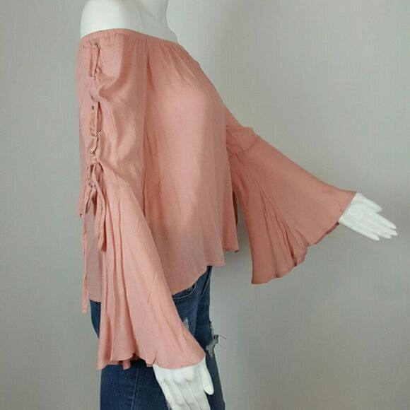 OFF SHOULDER TOP PULLOVER  LACE UP BELL SLEEVE Fairy Core - Picture 2 of 6